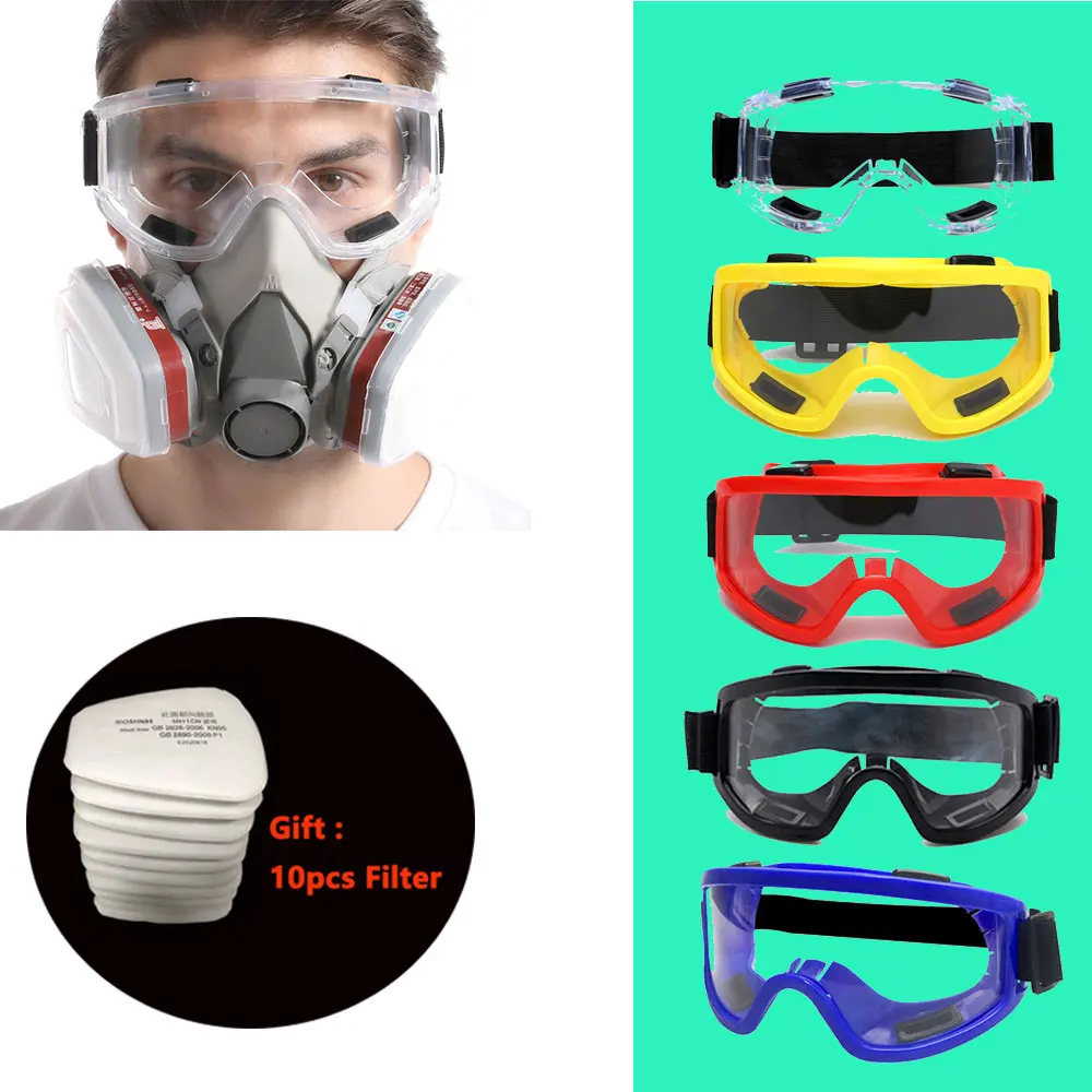 8-In-1 6200 Dust Gas Mask With Safety Goggles Half Face Gas Respirator For Painting Spraying Polishing Work Safety +10 Filters