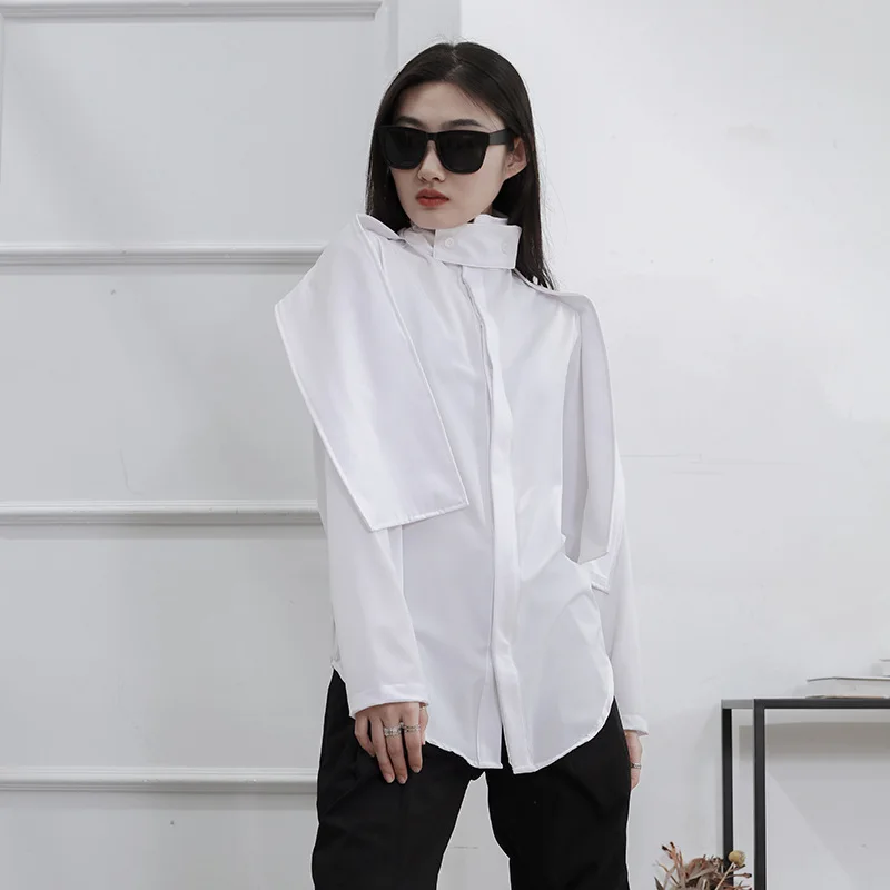 Ladies Long Sleeve Shirt Spring And Autumn New White Scarf Collar Design Yamamoto Style Leisure Large Size Long Sleeve Shirt