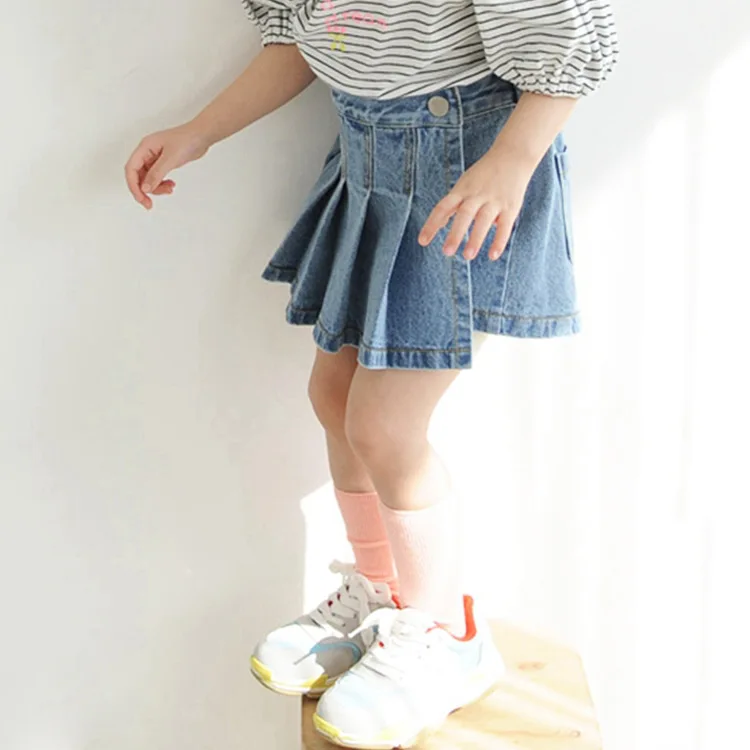 Summer Girls Denim Shorts Baby Skirts with Horts Kids Fake Skirt Children Bottoms Fashion Pleated Ruched Jeans Girls Pantskirt