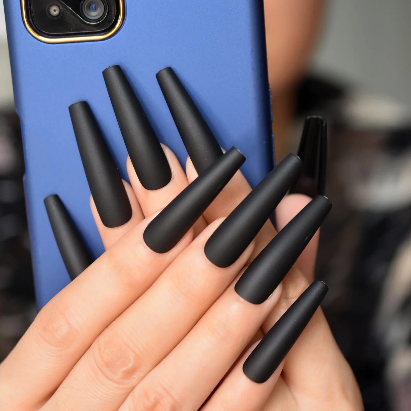 Extreme Long Black Matte Press On Nails Coffin Pure Color Acrylic Salon Nail Art Tips Learner DIY Artificial Manicure Fingernail