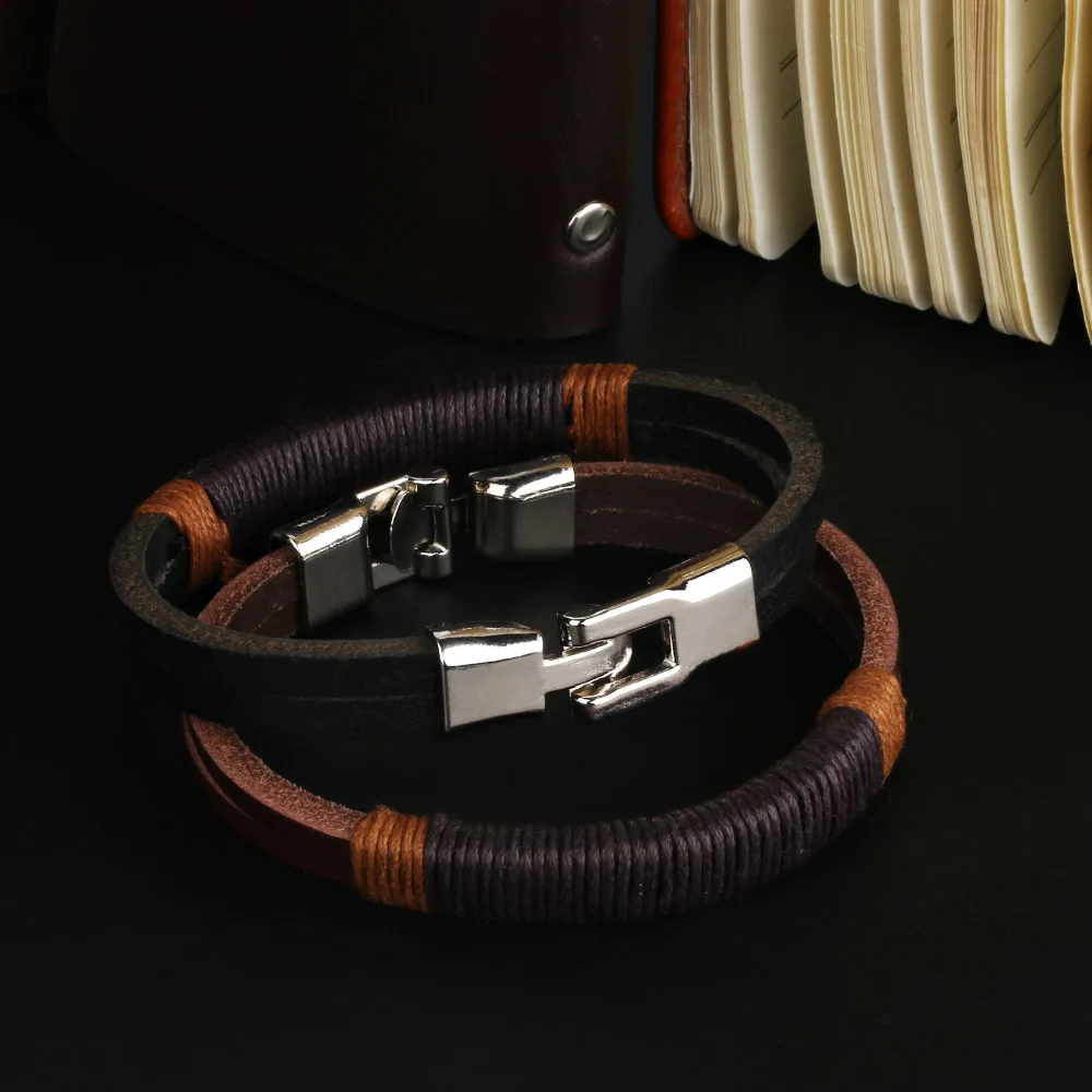 2024 Trend Genuine Leather Bracelet Men Jewelry Double Layer Brown Leather Braided Rope Bracelets & Bangles For Women Pulseras