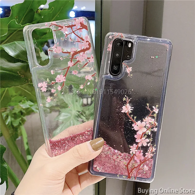 Pink Spring Cherry Blossoms Case For Huawei Mate 60 50 40 Pro P30 P40 P50 P60 Phone Cover Glitter Liquid Quicksand Protector