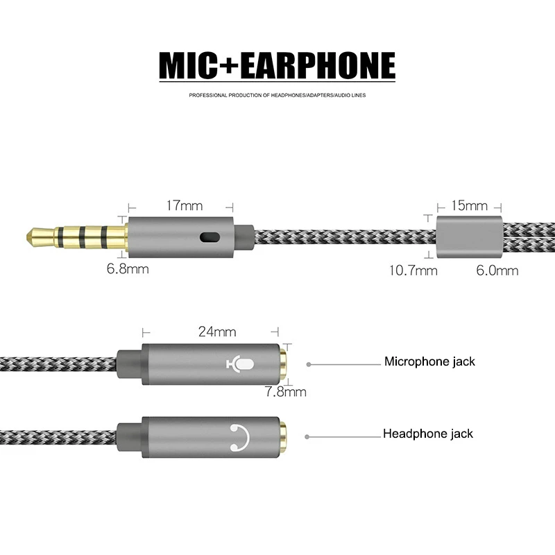 3.5mm Audio Splitter Earphone Extension Cable Jack 3.5mm 1 Male to 2 Female Mic Y Splitter AUX Cable Headset Splitter Adapter