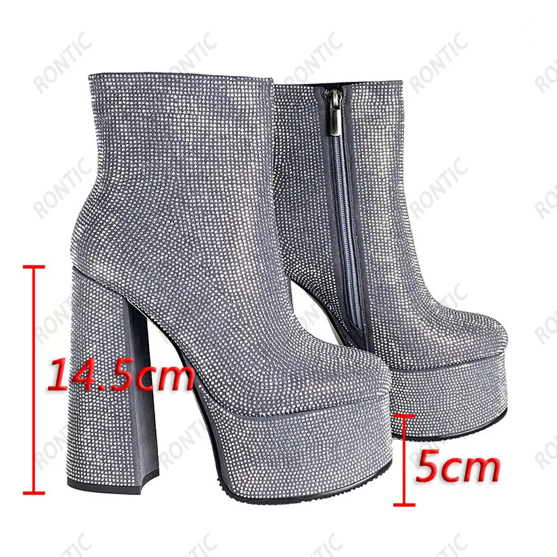 Rontic 2022 New Women Winter Platform Ankle Boots Rhinestone Chunky Heels Round Toe Pretty Black Grey Party Shoes US Size 4-9.5