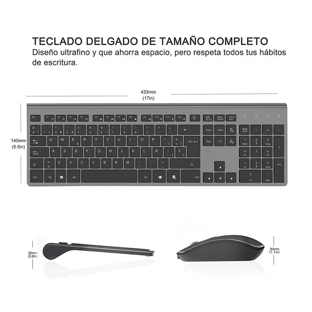 Teclado y Raton Inalámbrico Español,Ergonómico Con USB 2,4GHz Silencio Teclados Para Apple, MINI y TV