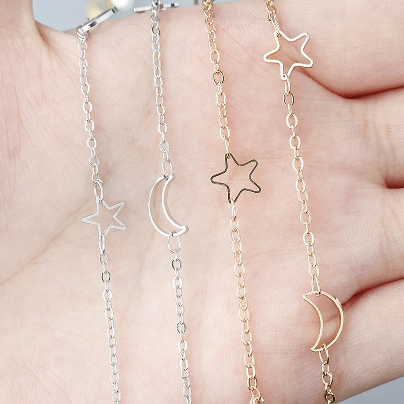 SAUVOO 10Yards Brass Star Moon Chain Handcraft 2mm Width Gold Silver Tone Necklace Bracelets for DIY Jewelry Making Findings