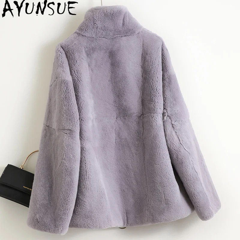 AYUNSUE – manteau en vraie fourrure de lapin Rex pour femme, court, décontracté, chaud et épais, hiver 2021, Gxy525