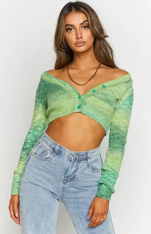 New Women Gradient Casual Crop Tops Knitting Cross Bandage Long Sleeve V-Neck Buttons Spring Fall Cardigan Blue / Green S M L