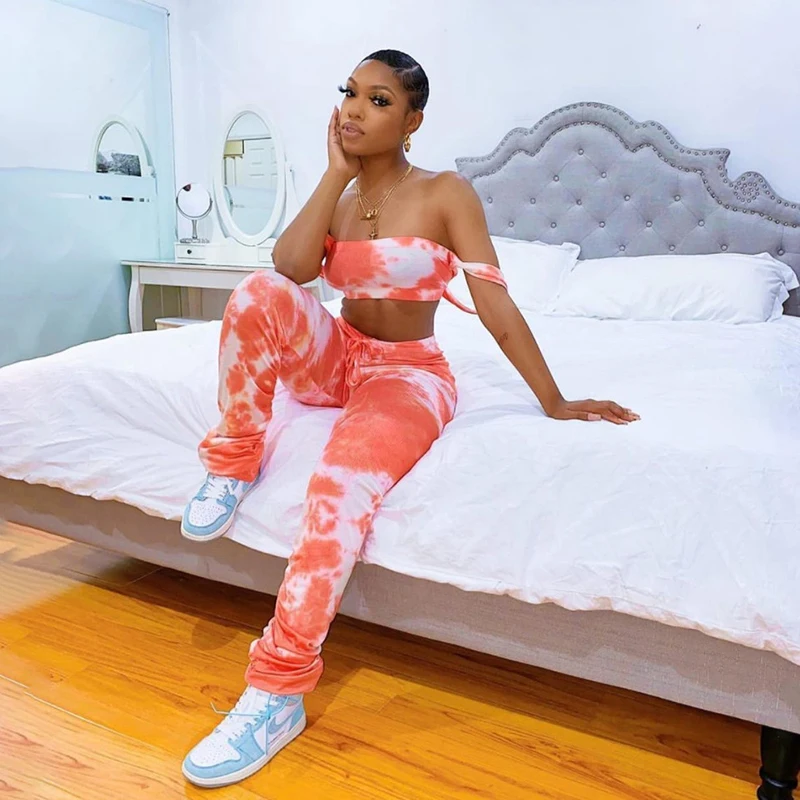 Pasek antypoślizgowy Tie Dye Bodycon kobiety pasujące zestawy Sexy klub mody Skinny 2 sztuka stroje krótki Top i ułożone zestaw spodni