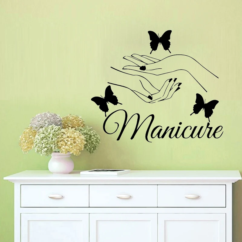 Beauty Nail Salon Wall Sticker Manicure Wall Decals Butterfly Hands Room Salon Decoration Girls Bedroom Decor Vinyl Art Murals