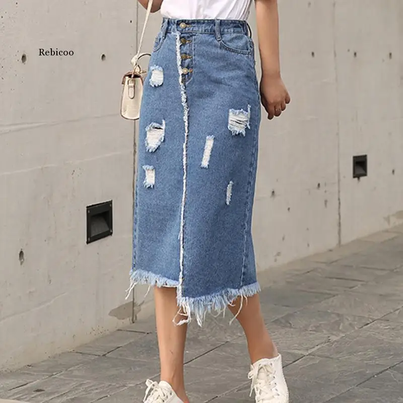 Women Skirt Korean Front Breasted Skirt Female Holes Fashion New Fat Mm Jeans Skirt Thin Skinny Large Size S-8xl Female Denim