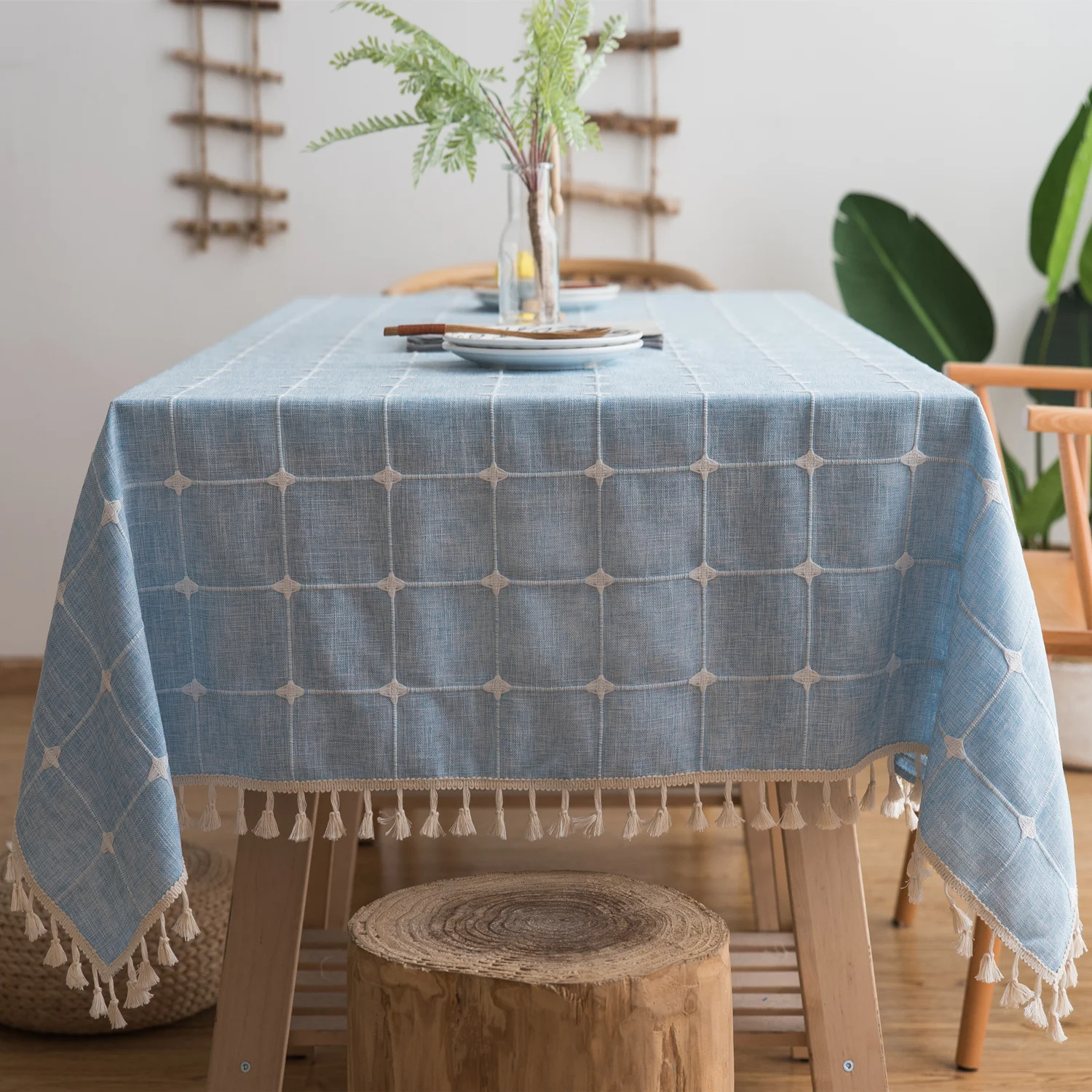 Japan Cotton Linen Tablecloth Blue Stripes Pure Plaid Embroidered Rectangular Christmas Table Cloth Thickened Cover for Banquet