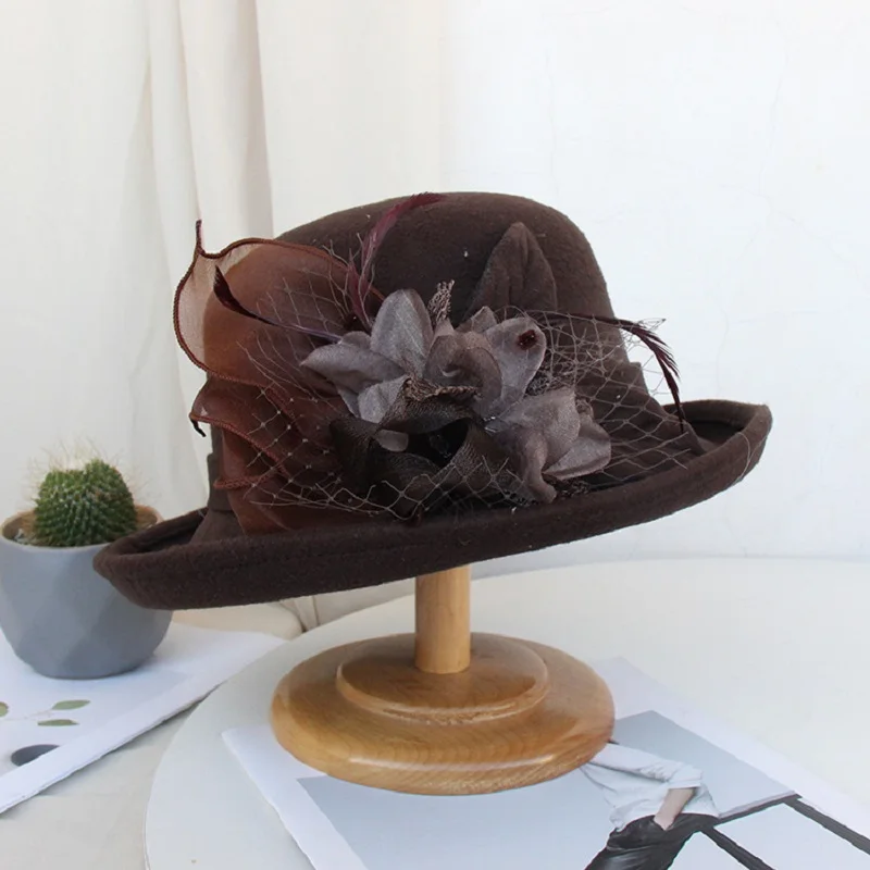 2021 frauen Warme Wolle Filz Blumen Hut Damen Breiter Krempe Hut Herbst Winter Edle Elegante Mädchen Mode Party Kappe Dekoration – Detail 17