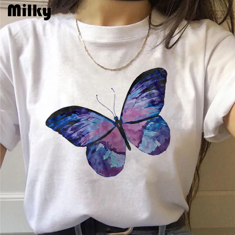 Gothic y2k Aesthetic Loose Ladies T-shirt Purple Butterfly Print Korean Style Ladies Tops T-shirt Harajuku punk clothes tshirt