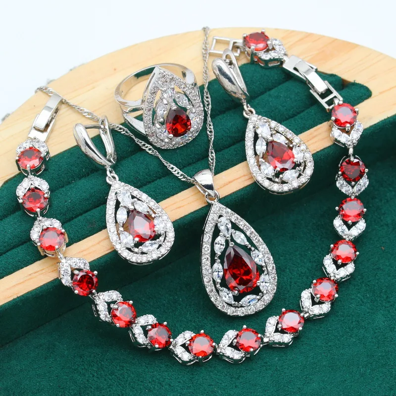 Classic Red Zircon 925 Sterling Silver Jewelry Set for Women Bracelet Earrings Necklace Pendant Ring Birthday Gift 4PCS