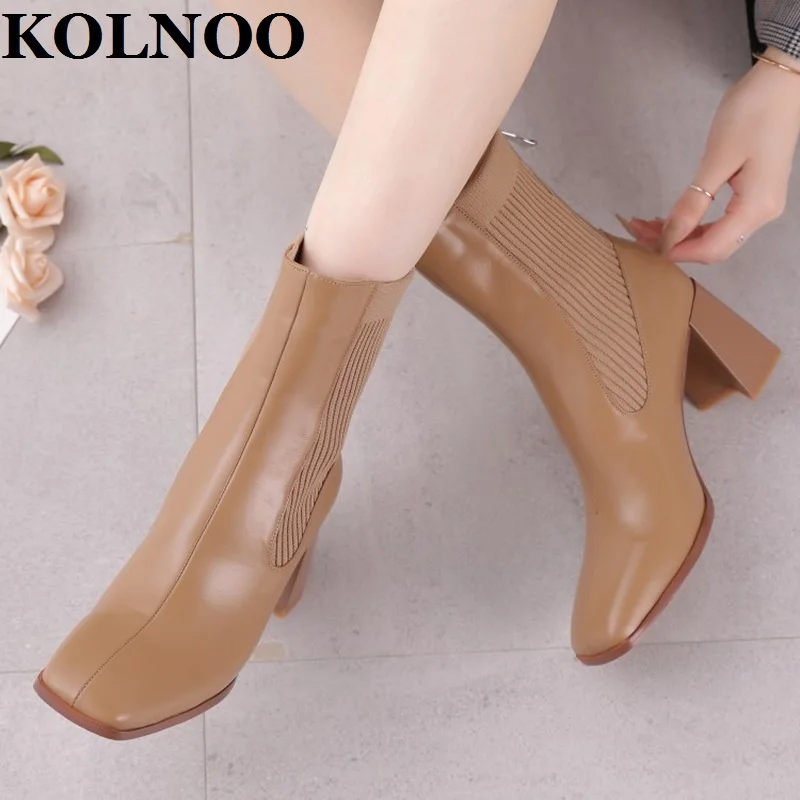 

Kolnoo New 2022 Real Pictures Ladies Chunky Heels Boots Patchwork Leather Sexy Ankle Motorcycle Boots Party Fashion Winter Shoes