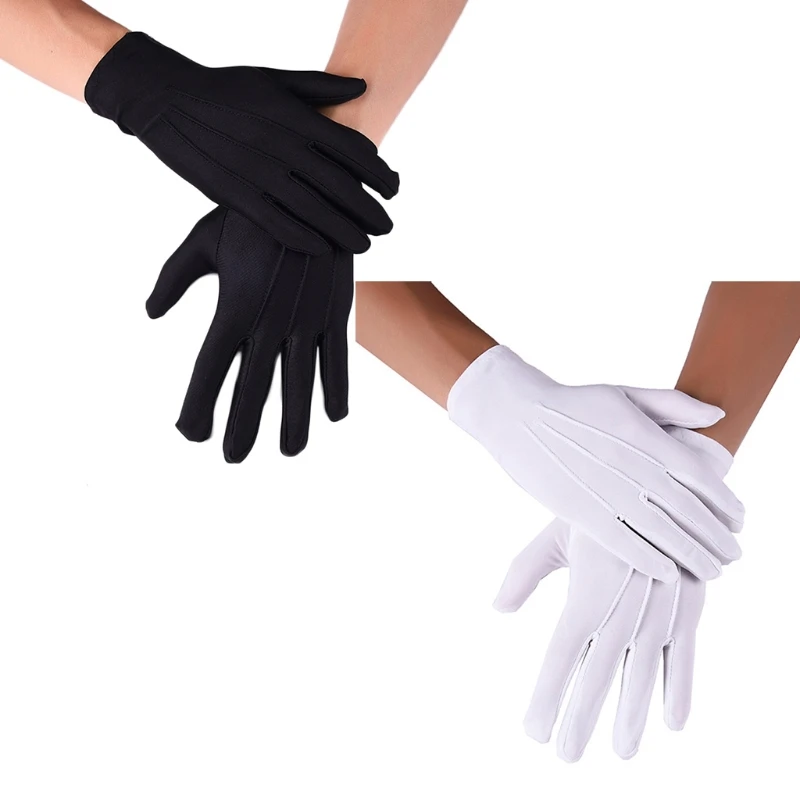 

Men Spandex Thin Black White Parade Gloves Unisex Formal Tuxedo Costume Honor Guard Mittens Coin Jewelry Silver Inspection