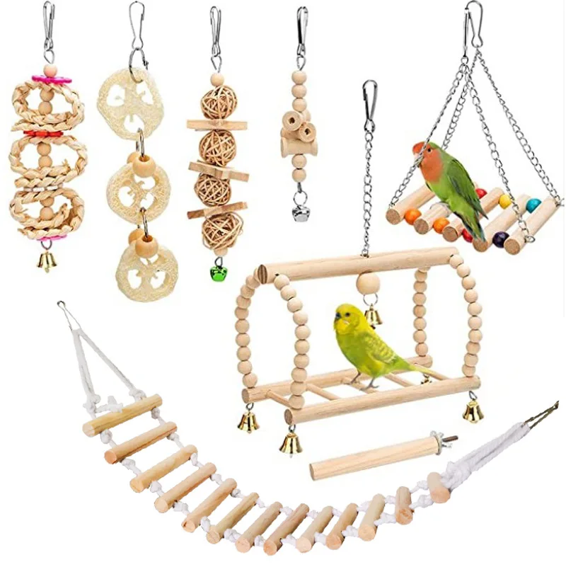 Parrot Bite Toy Toy Bird Scrub Springboard Swing Ring Bell String 8-Piece Set