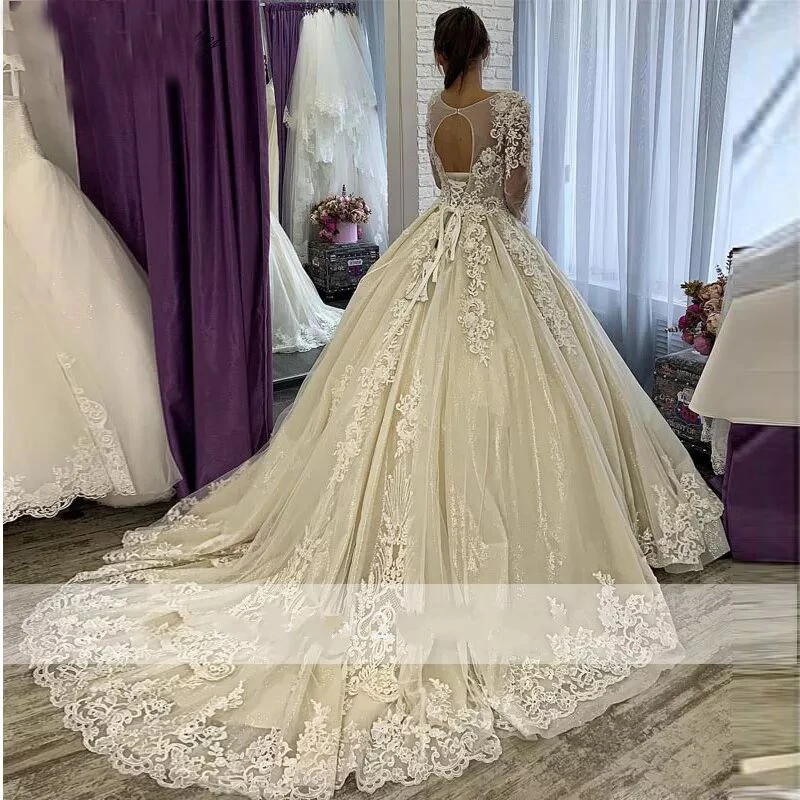 Myyble 2022 vestido de baile vestidos de casamento jóia pescoço sheer mangas compridas rendas apliques oco voltar vestidos de noiva novia