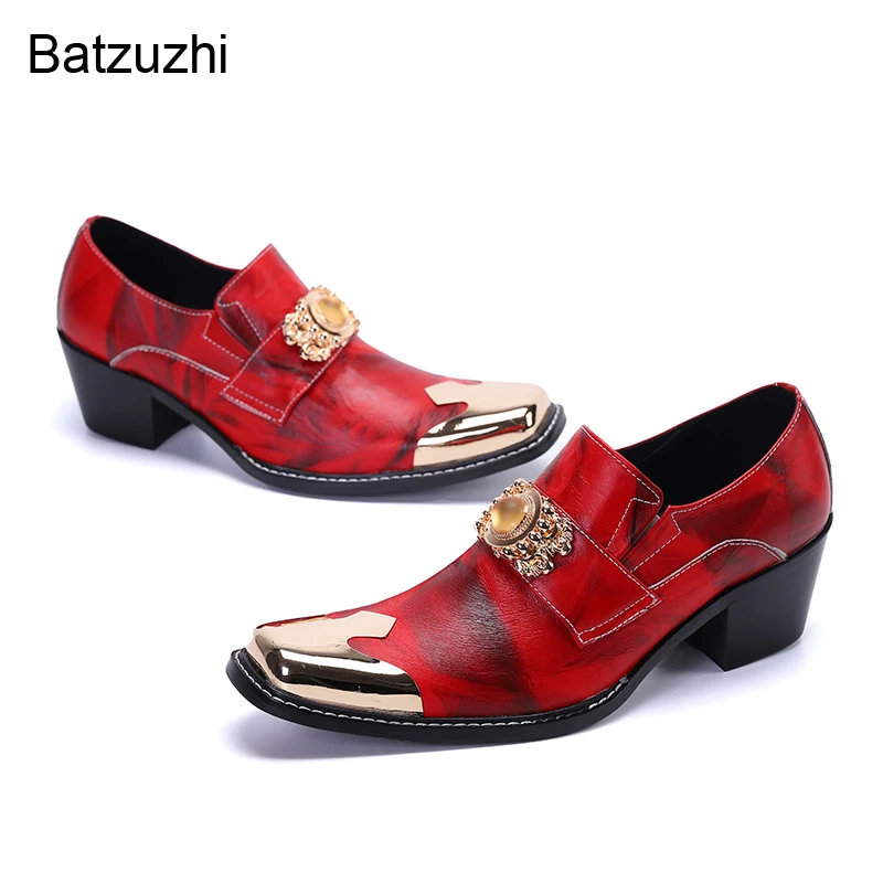 

Batzuzhi Men's Shoes British Style Handmade Gold Toe Genuine Leather Dress Shoes Men Red Party/Wedding Shoes 6.5cm High Heels