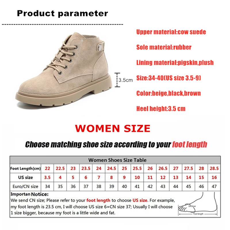 WOIZGIC Women\'s Ladies Female Suede Genuine Leather Shoes Boots Platform Ankle Lace Up Fur Plush Autumn Spring Retro Winter