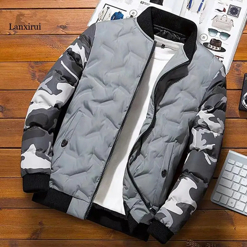 

Men Winter Baseball Jacket Camouflage Patchwork Cotton Coats Slim Fit College Warm Jackets Men's Stand Collar Outwear Coat