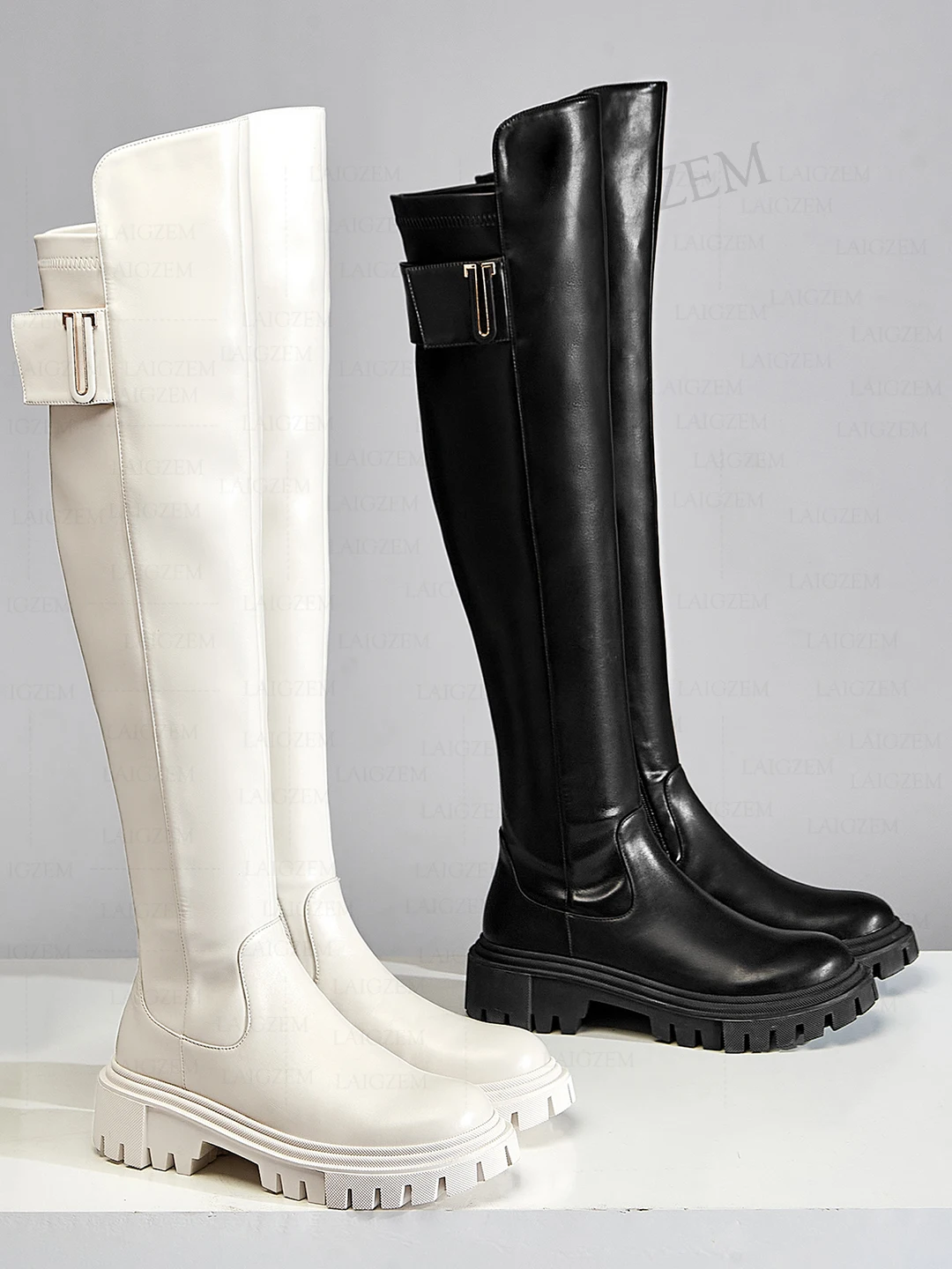 LAIGZEM Women Over Knee High Boots Leather + Synthetic Side Zip 5CM Mid Thick Heels Tall Boots Ladies Shoes Woman Size 34 38 39