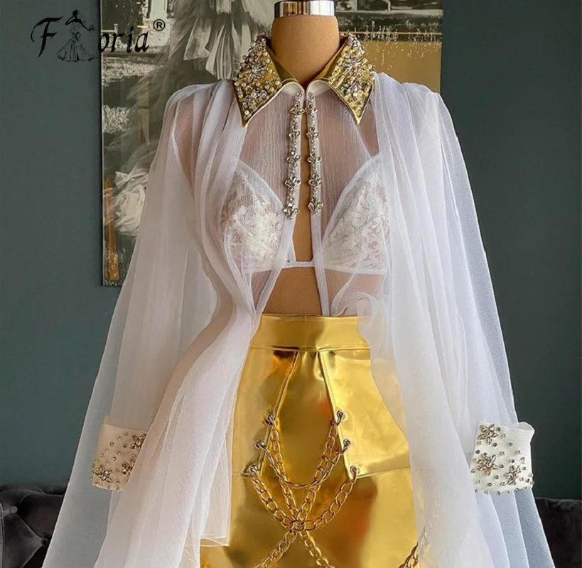 Haute Runaway Two Piece Crystal Cocktail Dresses Long Sleeves Blouse and Gold Short Skirt Prom Dress Celebrity Party Gown