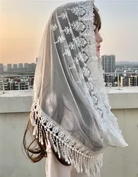 2024 White Black Women's Catholic Veil Jerusalem Muslim Elegant Ladies Lace Tassel Shawl Scarf Mantillas Veil Church Bridal Cape