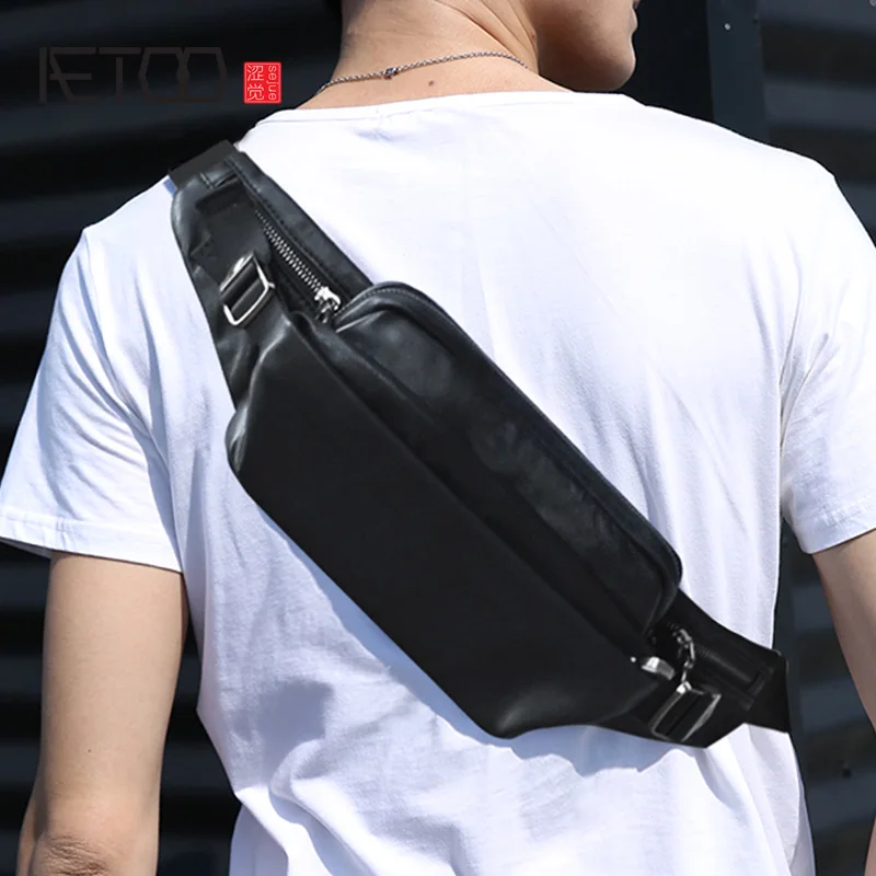 AETOO torba na klatkę piersiowa męska skóra pierwsza warstwa kożuch do biegania rozrywka mała kieszeń na telefon komórkowy sport outdoor shoulder Messenger b