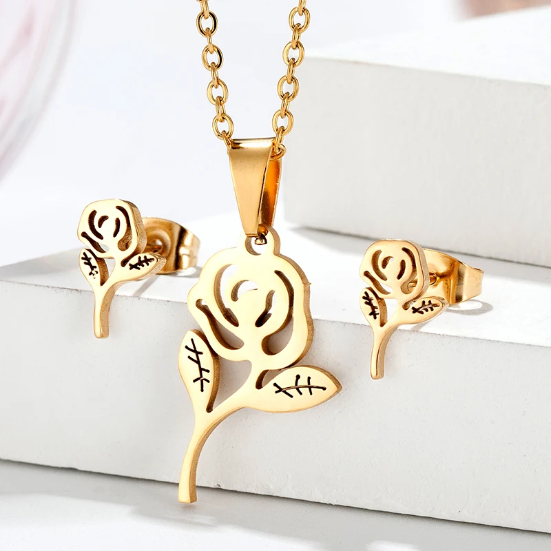 Girl Golden steel color stainless lovely steel jewelry set rose flower pendant necklace earring set woman‘s wedding jewelry gift