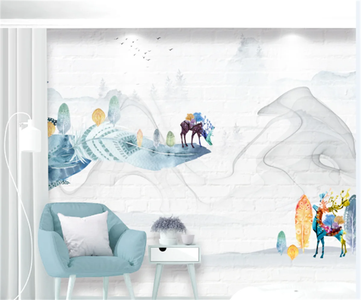 Nordic modern small fresh feather watercolor elk decorative painting background wallpaper home decoration custom wallpaper