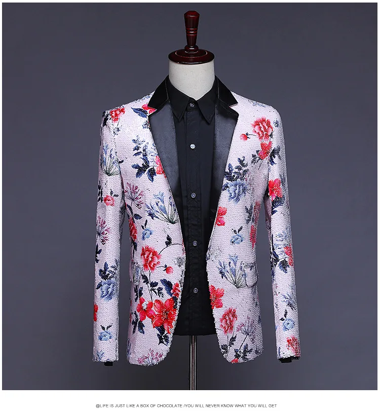 

Floral Sequin Stage Tuxedo Blazer Jacket Men Slim Fit Peak Lapel Collar Wedding Groom Prom Suit Blazer Mens Clothers for Singers