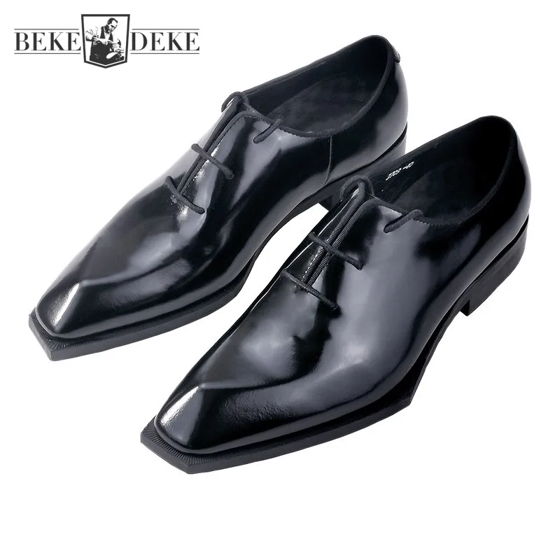 Italian Mens Square Toe Cowhide Genuine Leather Dress Shoes Lace Up Oxfords Bright Black Formal Business Man Office Work Shoes