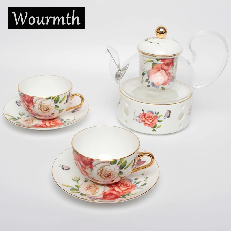 

Wourmth British Pastoral Style Afternoon Tea Set Glass Teapot & Ceramic Flower Teacup Sets Advanced Drinkware Set Free Gift Box