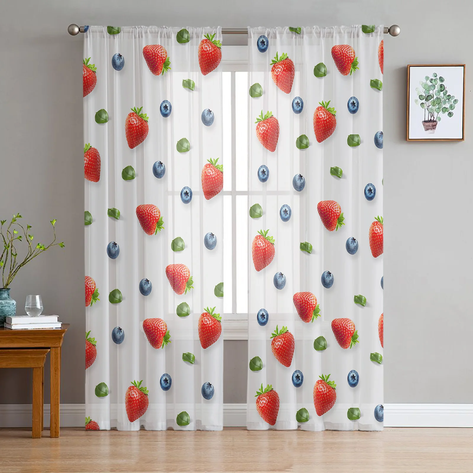 Fruit Strawberry Blueberry Green Leaf Window Curtain for Bedroom Sheer Curtain for Living Room Luxury Tulle Curtain for Kitchen