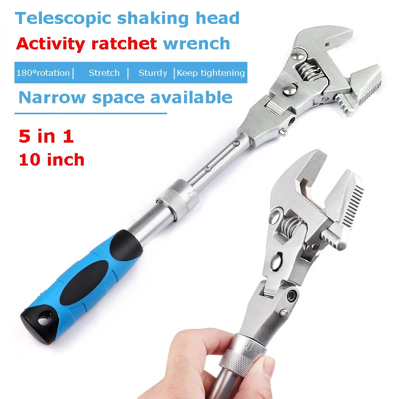 NEW 10-inch Ratchet Adjustable Wrench 5-in-1 Torque Wrench Can Rotate and Fold 180 Degrees Fast Wrench Pipe Wrench Repair Tool