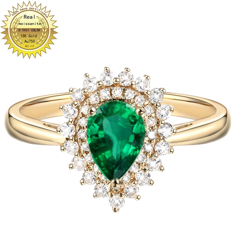 

9K Gold ring Lab Created 1ct Emerald and Moissanite Diamond Ring With national certificate Em-015