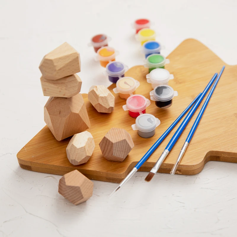 Diy Graffiti Wooden Building Block Colored Stone Painting Nordic Style Stacking Game Educational Drawing Stone Wooden Toys