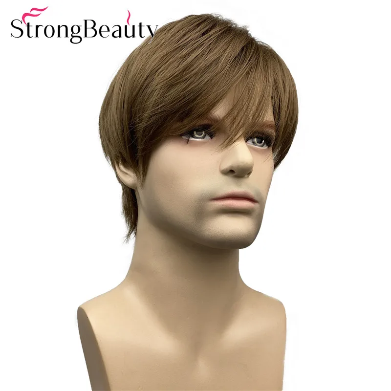 StrongBeauty Perucas masculinas curtas e retas, cabelo castanho dourado, resistente ao calor, peruca sintética sem tampa