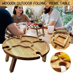 Wooden Outdoor Folding Picnic Table, Garden Furniture Table with Glass Holder,Foldable Desk, Wine Glass Racks, Collapsible Table