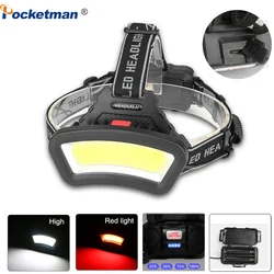 Powerful COB Headlamp USB Rechargeable Wide Beam Headlight Waterproof Fishing Red Head Flashlight by 18650 Battery