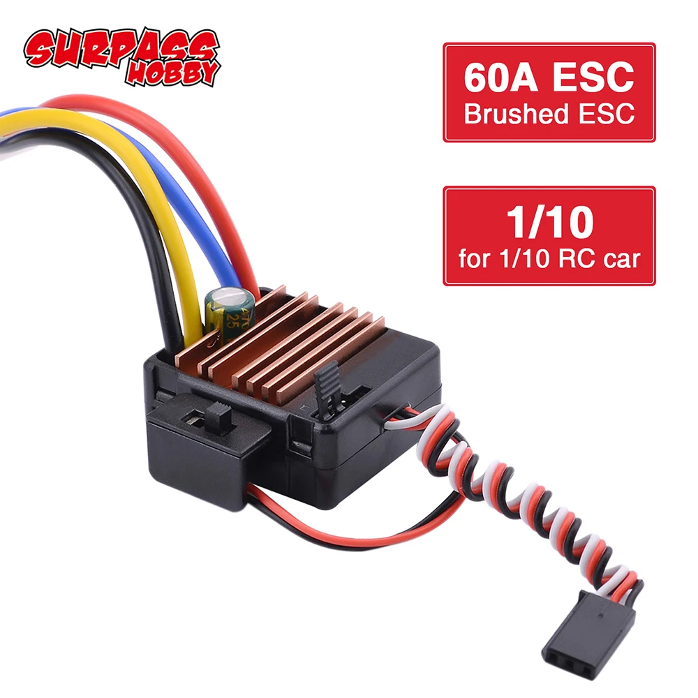 SURPASS HOBBY 60A ESC Brushed Electronic Speed Controller for 1/10 Tamiya Redcat Traxxas Wltoys 12428 RC Car 540 550 Motor