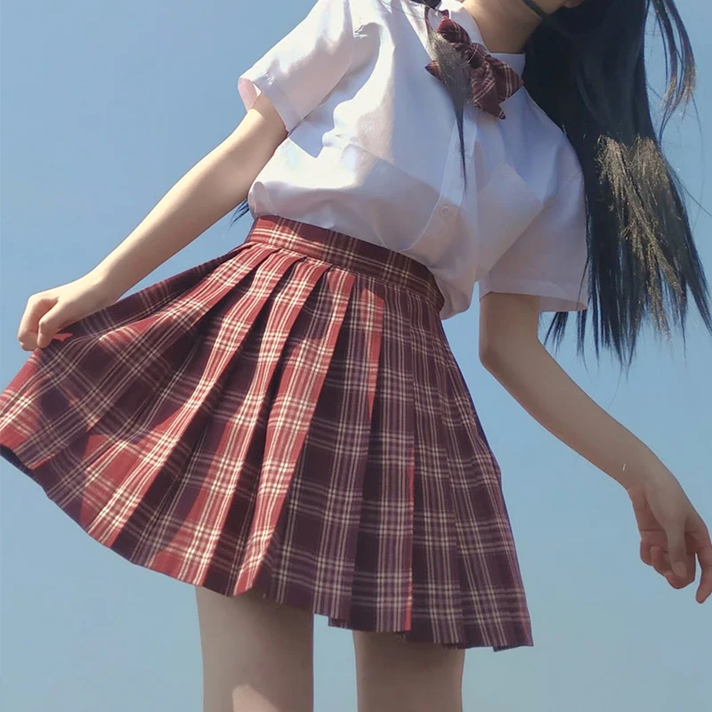 

[Amaranth Red] JK School Uniform Plaid Skirts For Girls Summer High Waist Pleated Skirts Women Dress Students College Clothes