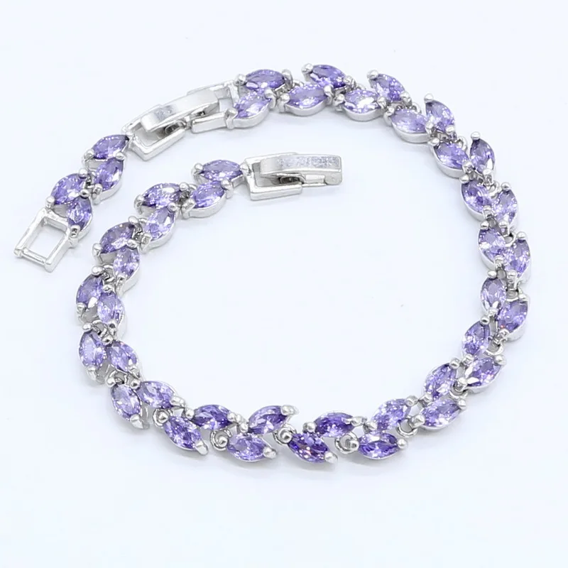 Purple Zircon Silver Color Jewelry Sets for Women Marquise Stones Bracelet Necklace Pendant Earrings Ring Gift Box