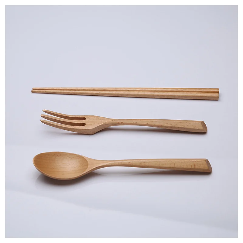 Chopstick Spoons Fork Handmade Japanese Natural Wood Chopsticks Spoon Set with Gift Pocket Beech Tableware