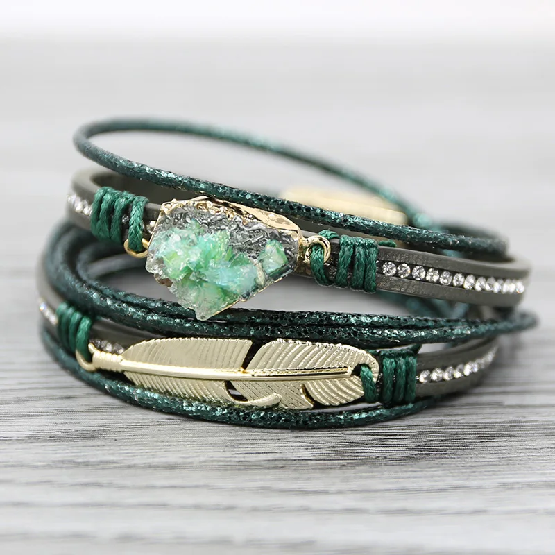 STRATHSPEY Green Leather Bracelets for Women Multilayer Druzy Bracelet Vintage Feather Charm bracelet Pulseras mujer