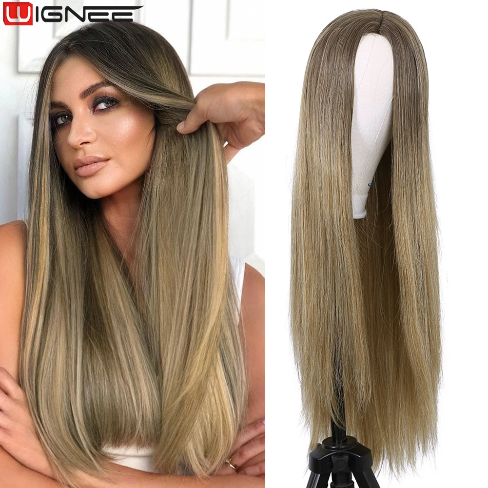 

Wignee Long Straight Synthetic Wigs for Women Middle Part Pink Color Ombre Brown Cosplay Wig Natural Hair Heat Resistant Hair