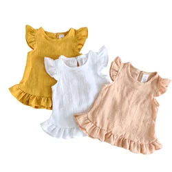 Ruffle Sleeve Summer Girls Blouses Tops Linen Cotton Lace Casual Children Kids Baby Girl Clothes Shirts Dress