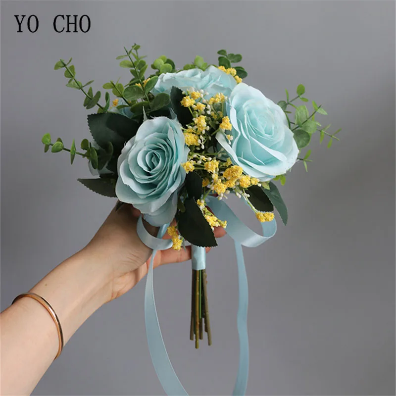 YO CHO Artificial Flower Bouquet Silk Rose Fake Baby's Breath Bridesmaid Wedding Bouquet Flower Purple Home Table Wedding Decor